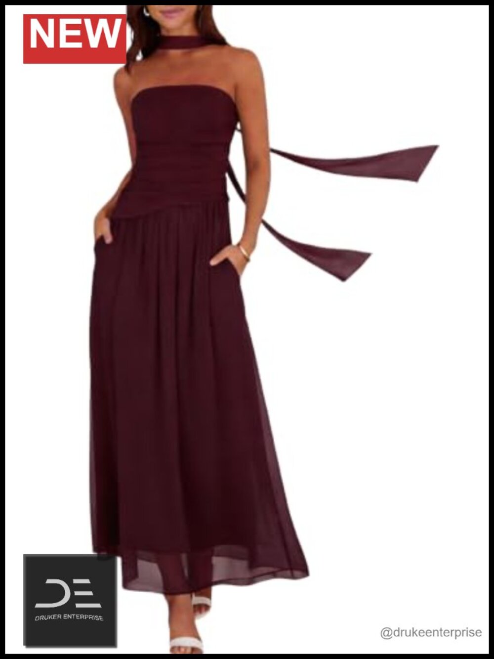 Strapless Ruched Maxi Dress with Scarf Wedding Guest A-Line